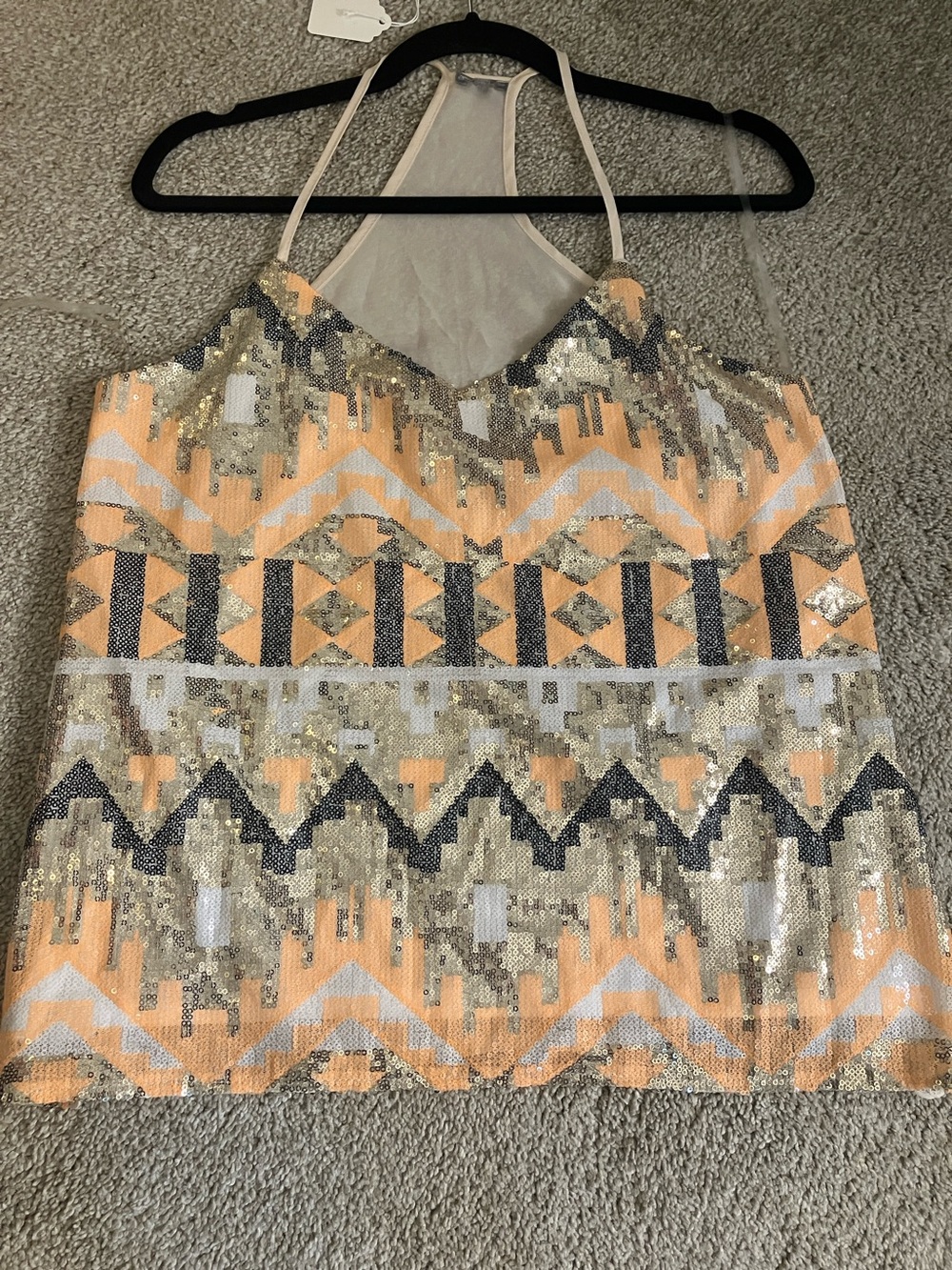 Charlotte Russe Peach Sequin Halter Camisole with Silver and Black Accents